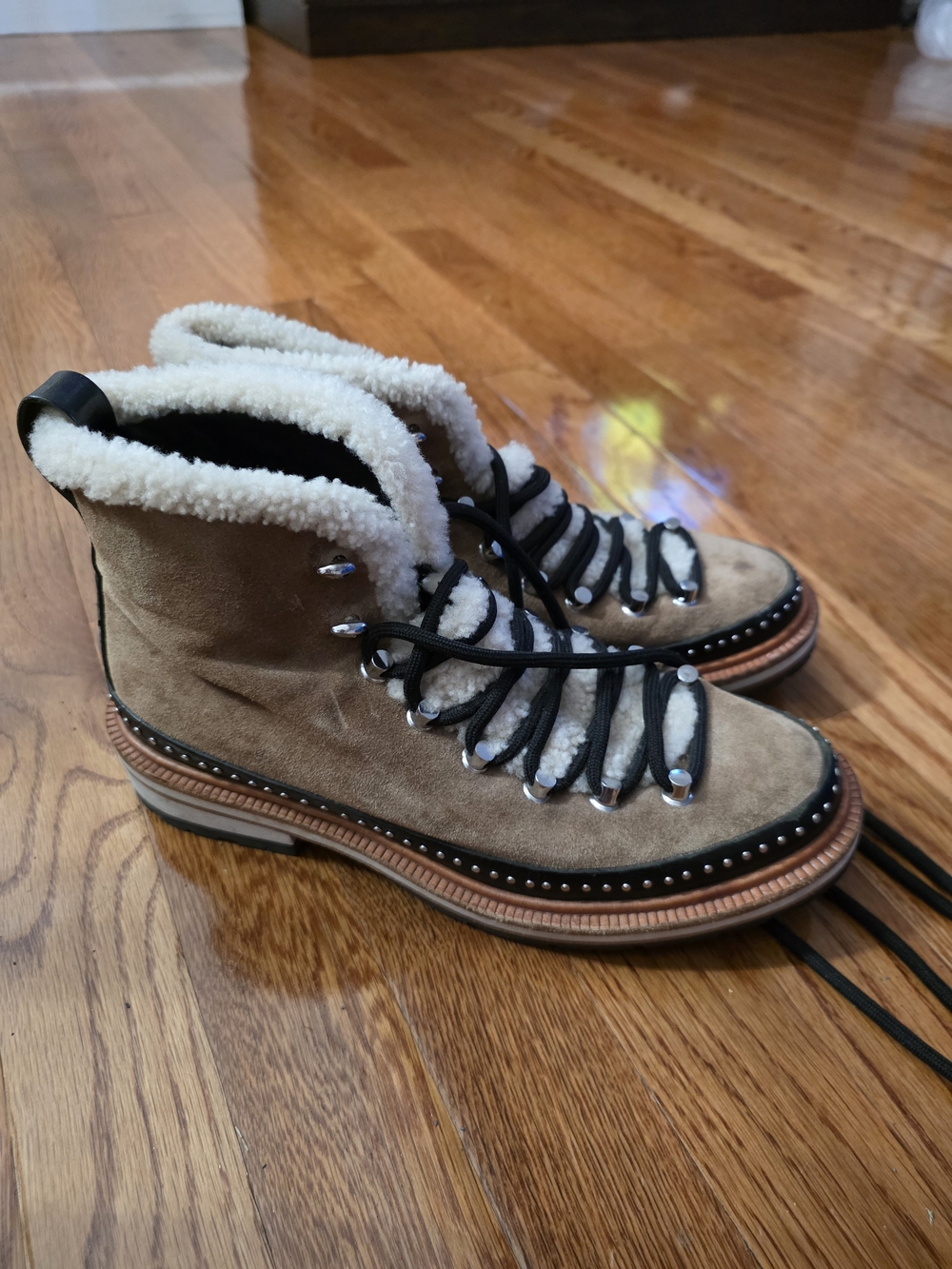 rag & bone Tan Suede Shearling Trim Hiking-Style Ankle Boots